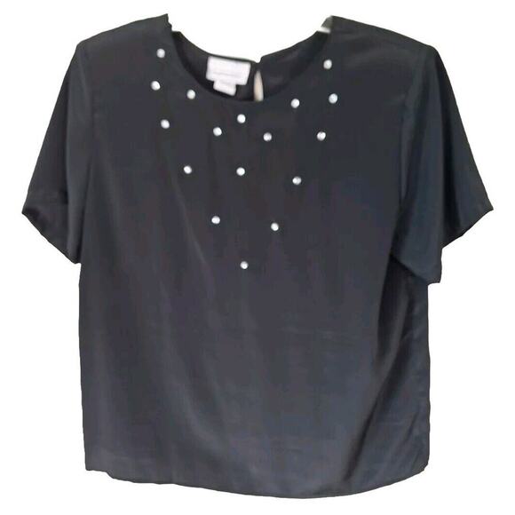 Vintage 80s/90s Black Short Sleeve Rhinestone Blouse Top Women Size Large Goth - Picture 1 of 7
